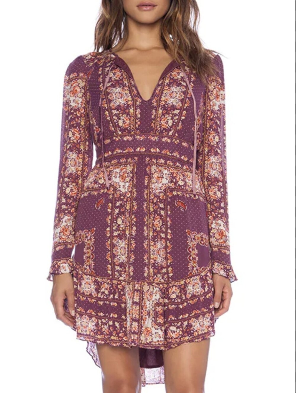 Free People Bridgette Berry Combo Boho Paisley Mini Dress SP Long sleeve